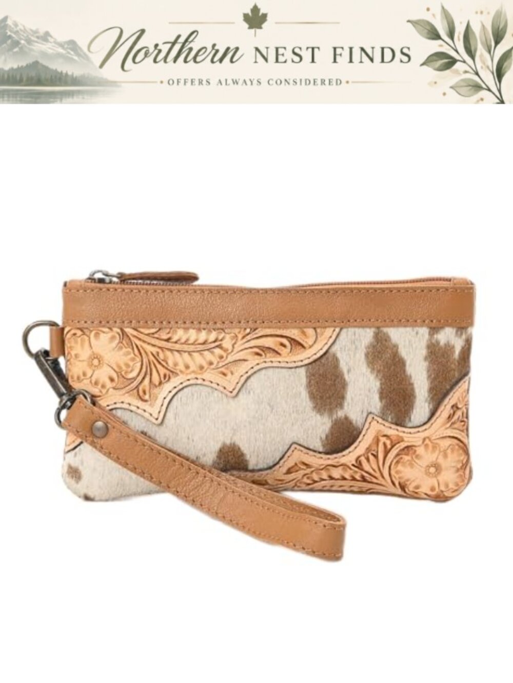 Handmade Tooled Leather Wristlet Genuine Cowhide Clutch